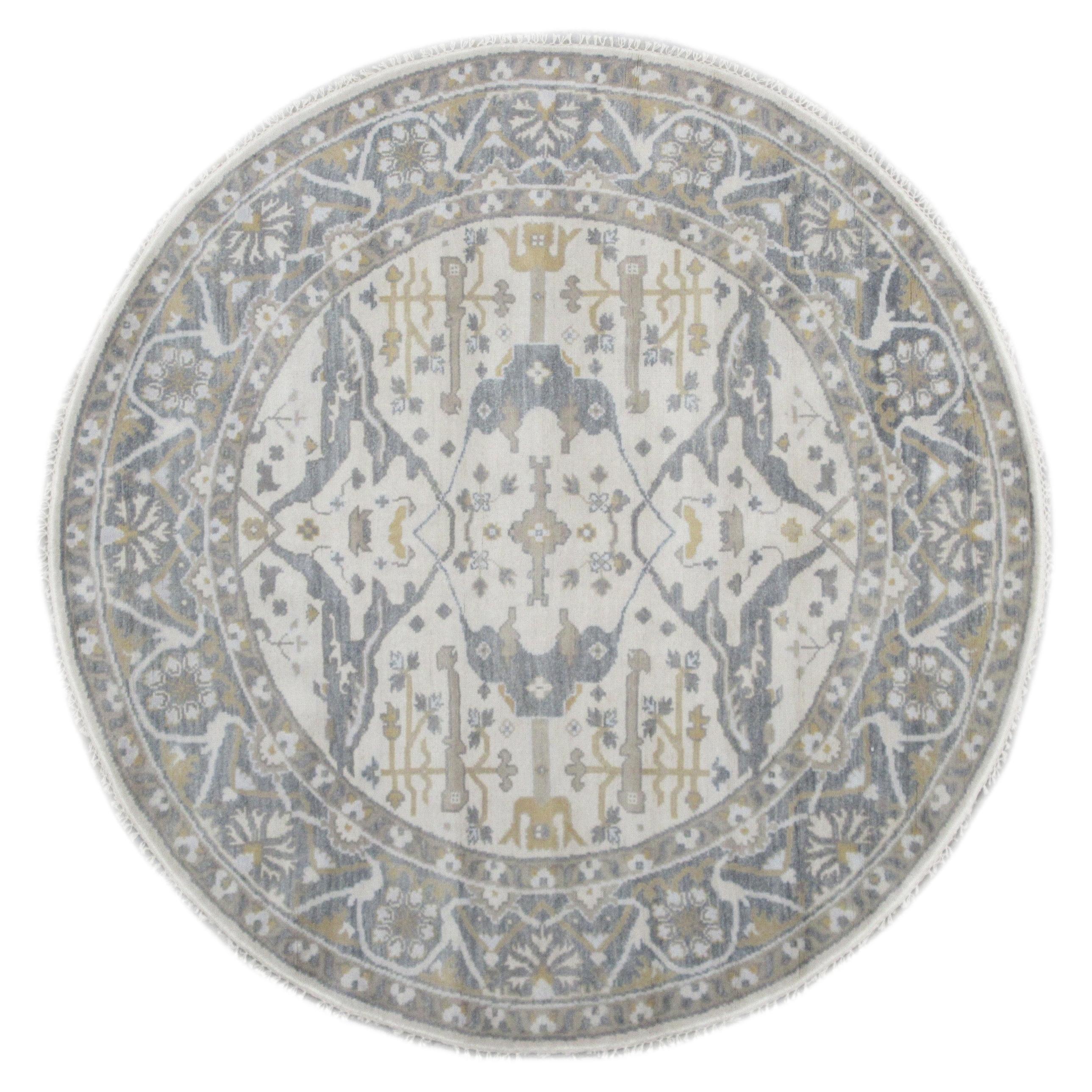 Round Oushak Hand-Knotted Rug For Sale