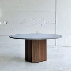Round Outdoor Dining Table in Belgian Blue Stone and Solid Fraké, Belgium