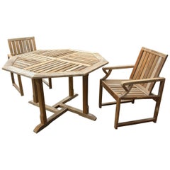 Used Round Outdoor Patio Teak Wood Dining Table and Two Chairs