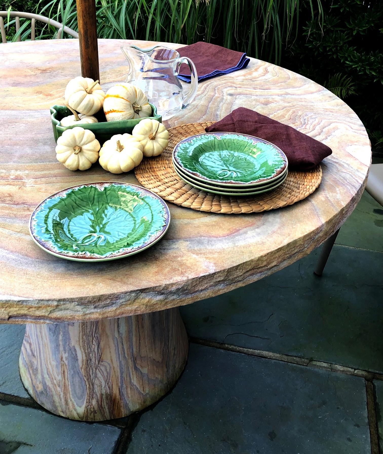 Modern Round Outdoor Table, Hand-Carved Sandstone Round Outdoor Table by S. Odegard For Sale