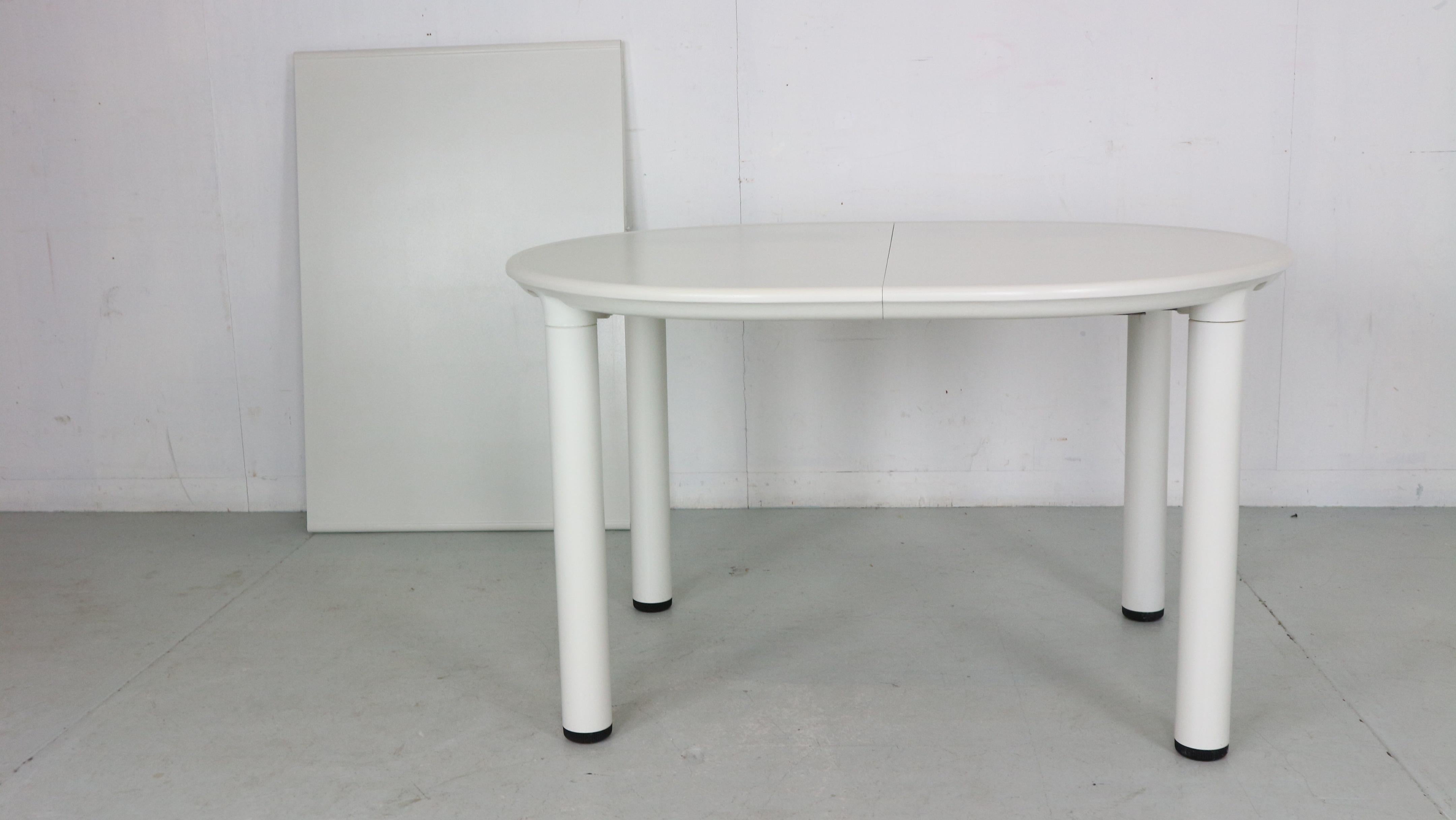Very rare extendable dinning/ conference table by famous German furniture designer Dieter Rams and manufactured for Vitsoe in 1972.
Model number- 720, original mark on the bottom of the table.
Easily extendable from round table to an oval shape form