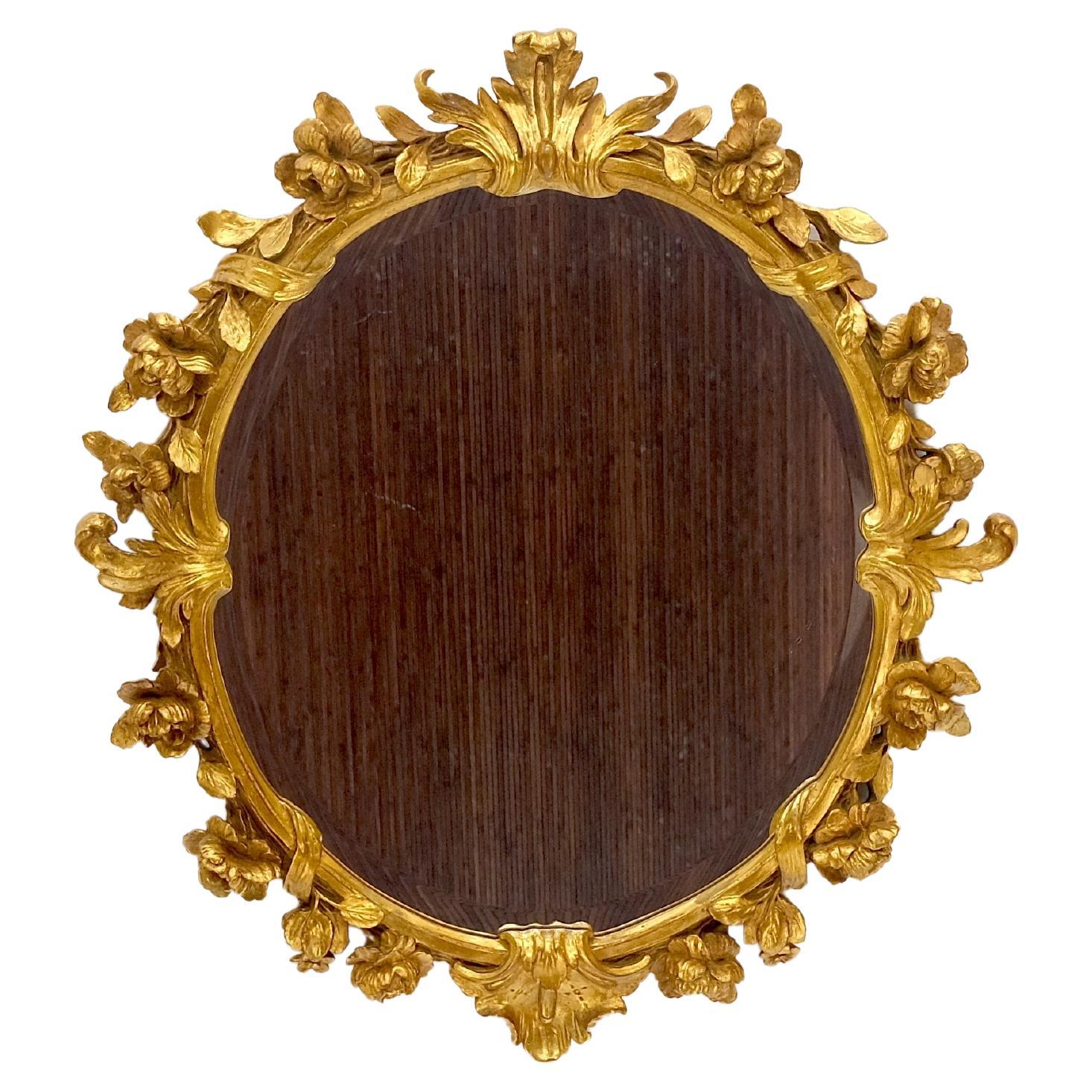 Baroque Revival Round Oval Gold Gilt Gesso Mirror Fine Detail Flowers and Leafs MINT! For Sale