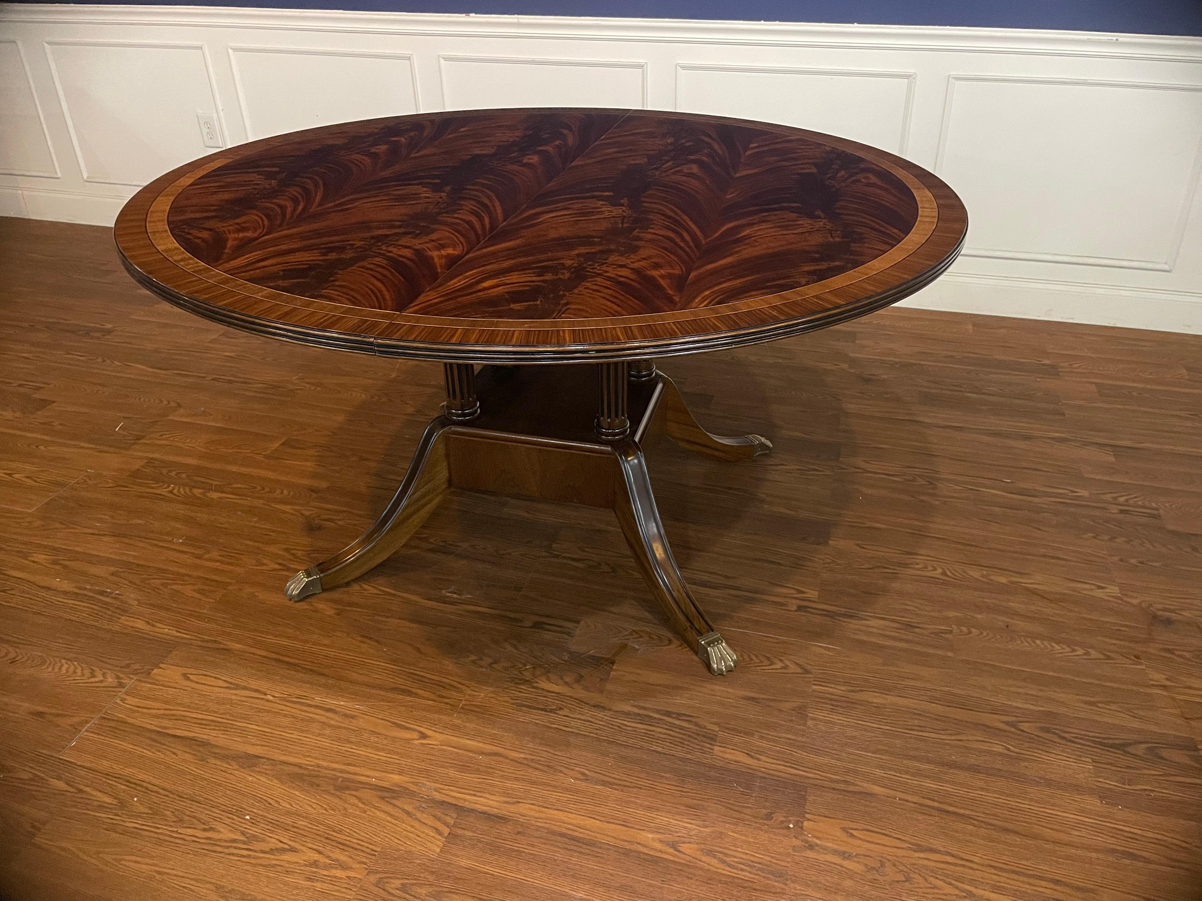 This is made-to-order round traditional mahogany dining table made in the Leighton Hall shop. It features field of west African swirly crotch mahogany and borders of straight grain mahogany and santos rosewood. There are inlays of ebony and white