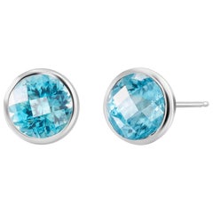 Round Pair Blue Topaz Bezel Set Silver Stud Earrings Weighing 8 Carat
