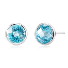 Round Pair Blue Topaz Bezel Set Silver Stud Earrings Weighing 8 Carat