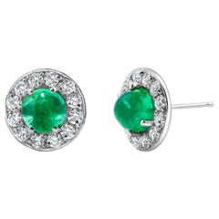 Round Cabochon Emerald Diamond 5.35 Carat White Gold Halo 0.55 Inch Earrings