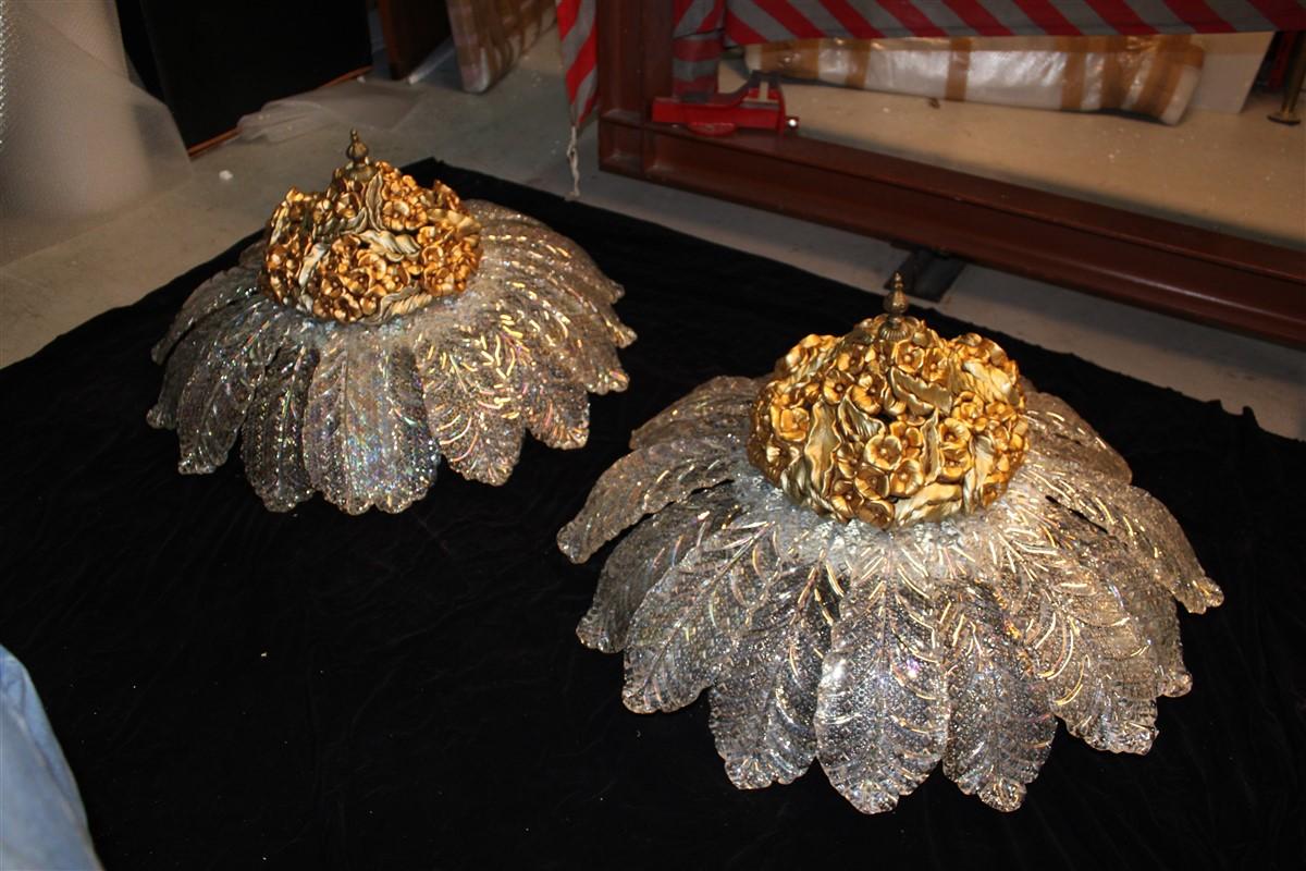 Round Pair of Chandelier Murano Gold Ceramic Italian Design 1960s Flowers Leaves For Sale 6