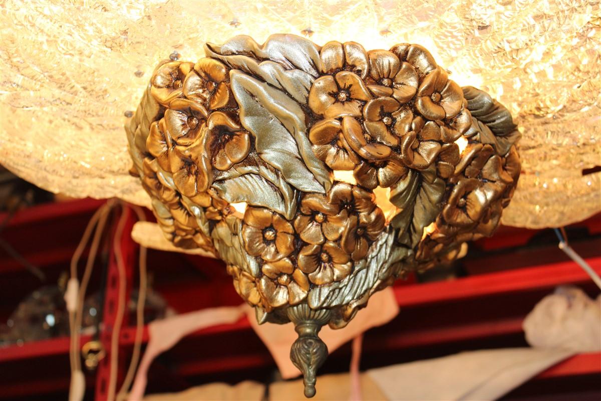 Round Pair of Chandelier Murano Gold Ceramic Italian Design 1960s Flowers Leaves For Sale 9