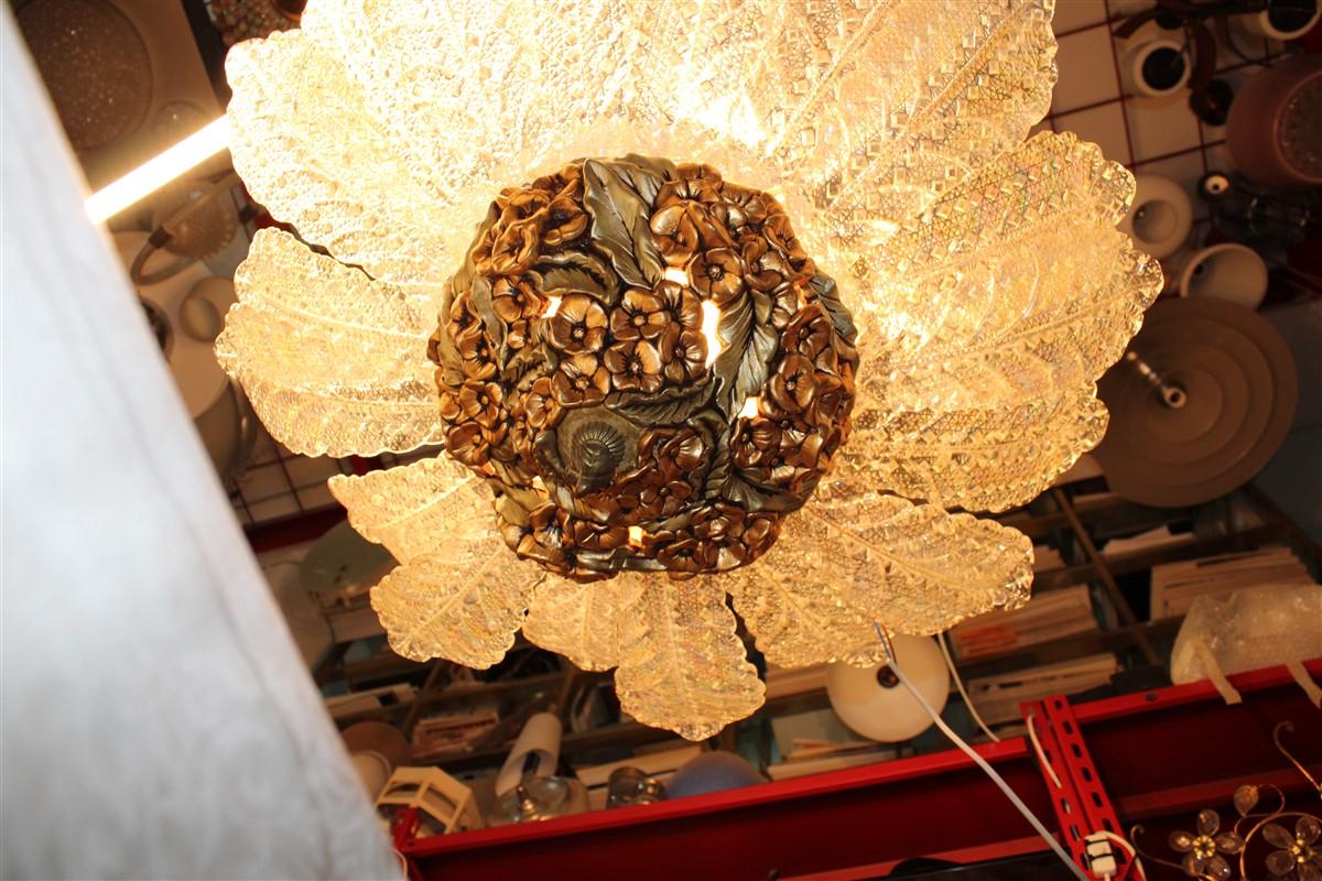 Round Pair of Chandelier Murano Gold Ceramic Italian Design 1960s Flowers Leaves For Sale 11