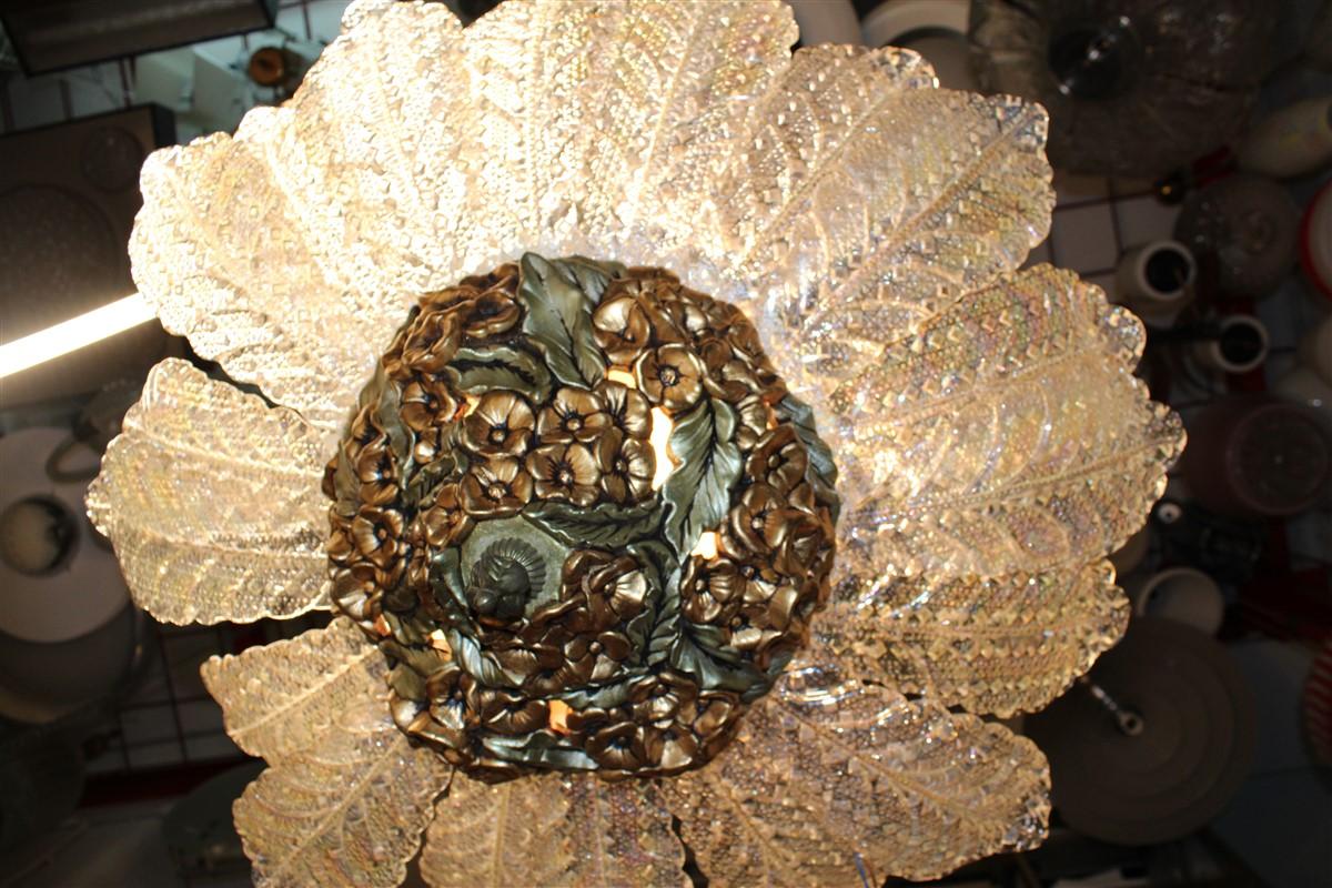Round Pair of Chandelier Murano Gold Ceramic Italian Design 1960s Flowers Leaves For Sale 12