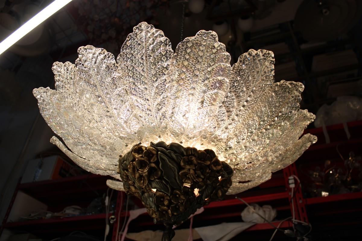 Round pair of chandelier Murano gold ceramic Italian design 1960s flowers leaves iridescent glass.
7 light bulbs for each chandelier E27 max 100 watt each.