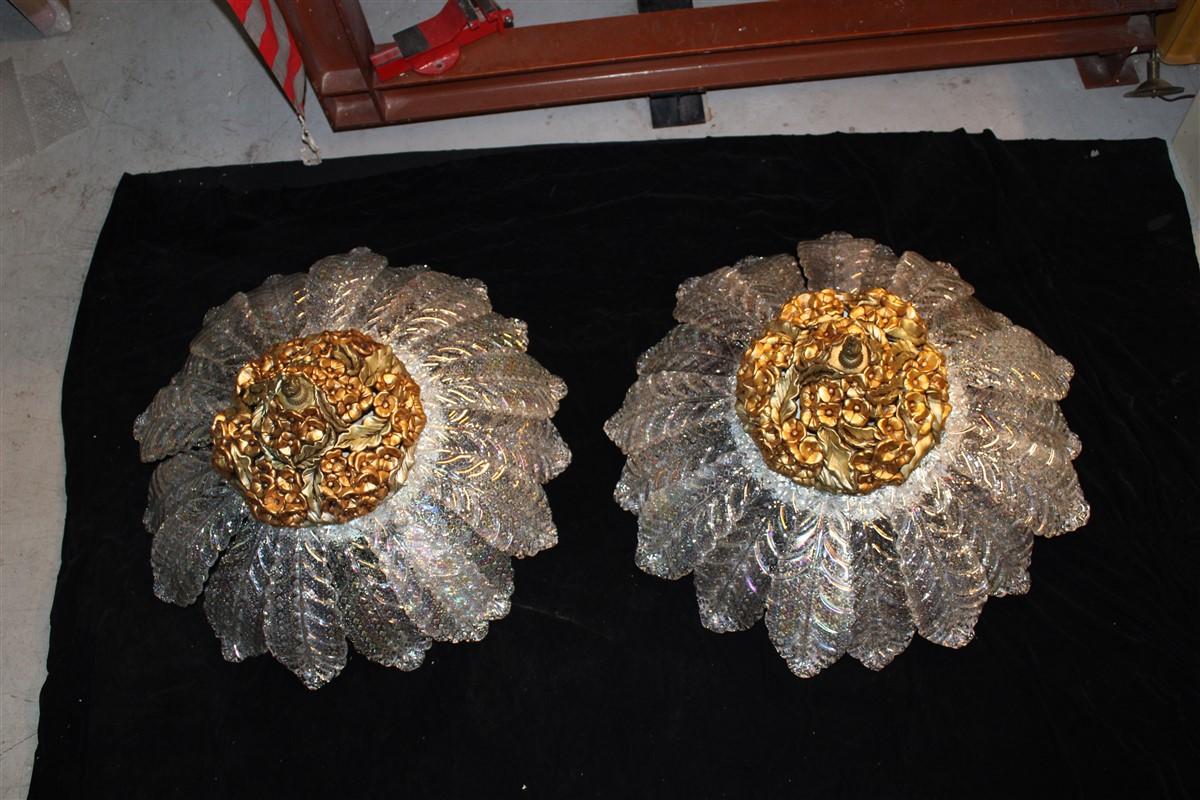 Mid-Century Modern Round Pair of Chandelier Murano Gold Ceramic Italian Design 1960s Flowers Leaves For Sale