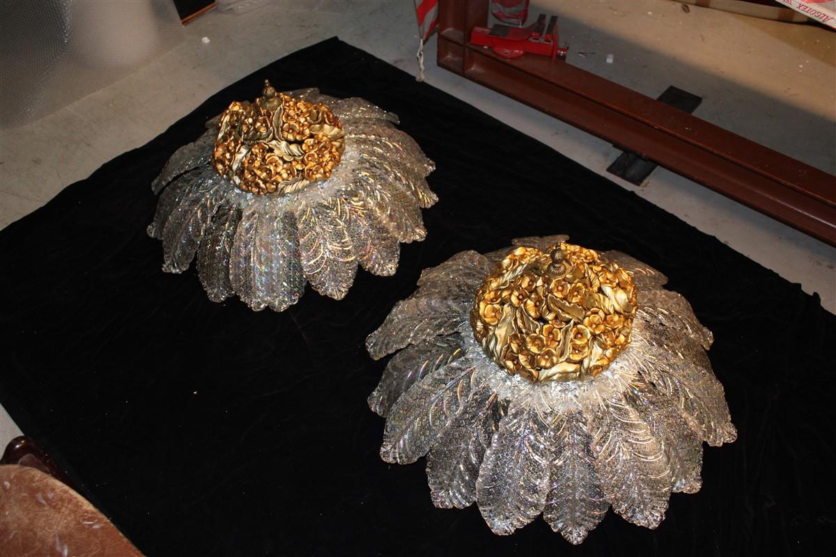 Round Pair of Chandelier Murano Gold Ceramic Italian Design 1960s Flowers Leaves For Sale 1