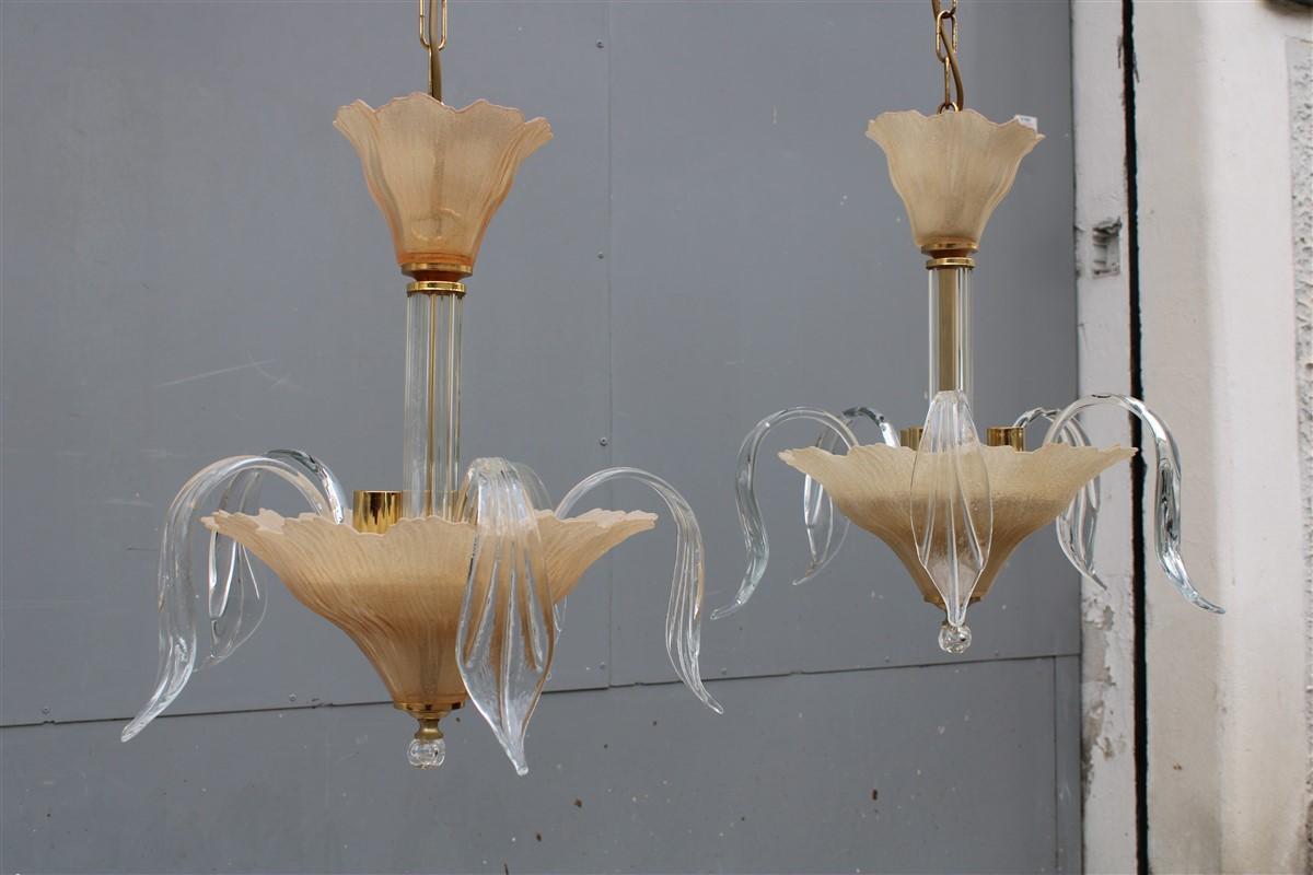 Round pair murano small chandelier old  gold metal flowers leaves 1970 Italian design.