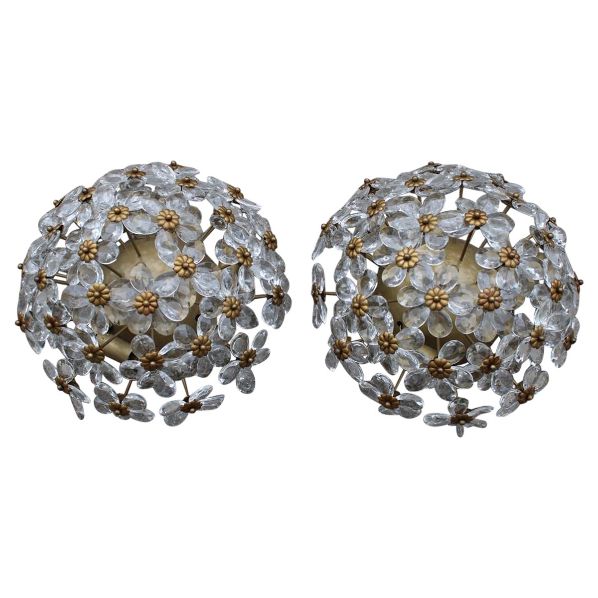 Coppia rotonda di bouque di fiori in cristallo e metallo, design francese, anni '50