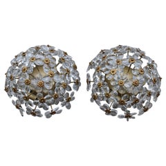 Paire de bouquets de fleurs en cristal et métal, design français, années 1950