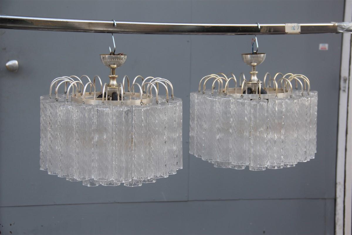 Round Pair of Ceiling Lamp Venini Ice Glass 1960 Triangolar Tubes Italian Design For Sale 5