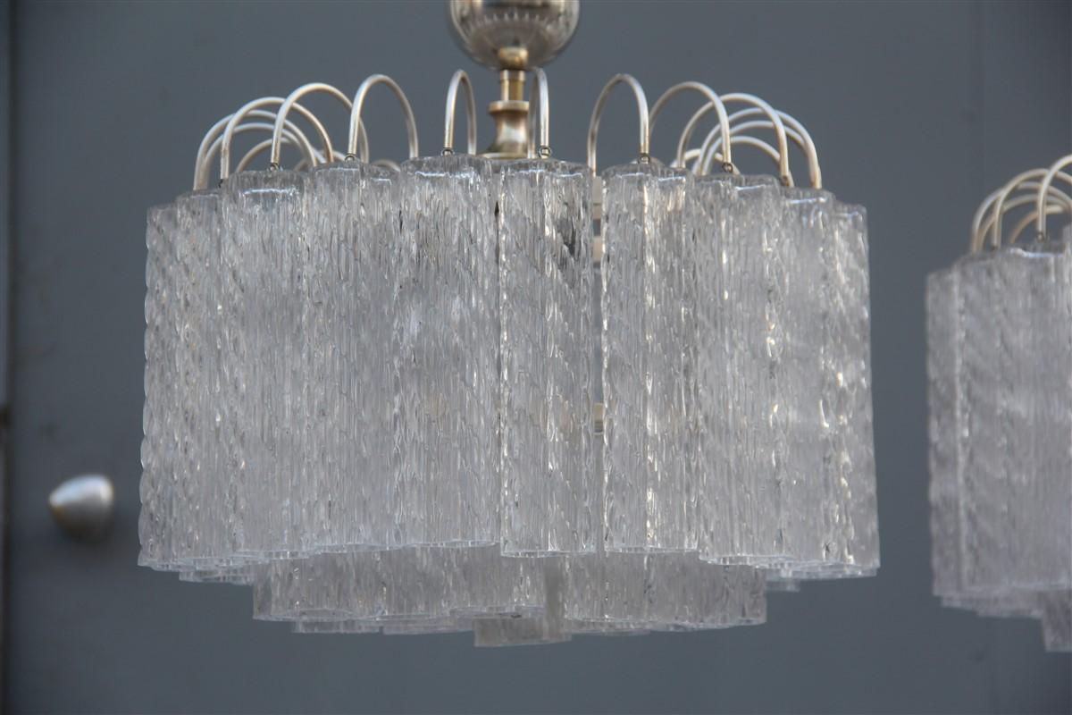 Mid-Century Modern Round Pair of Ceiling Lamp Venini Ice Glass 1960 Triangolar Tubes Italian Design For Sale