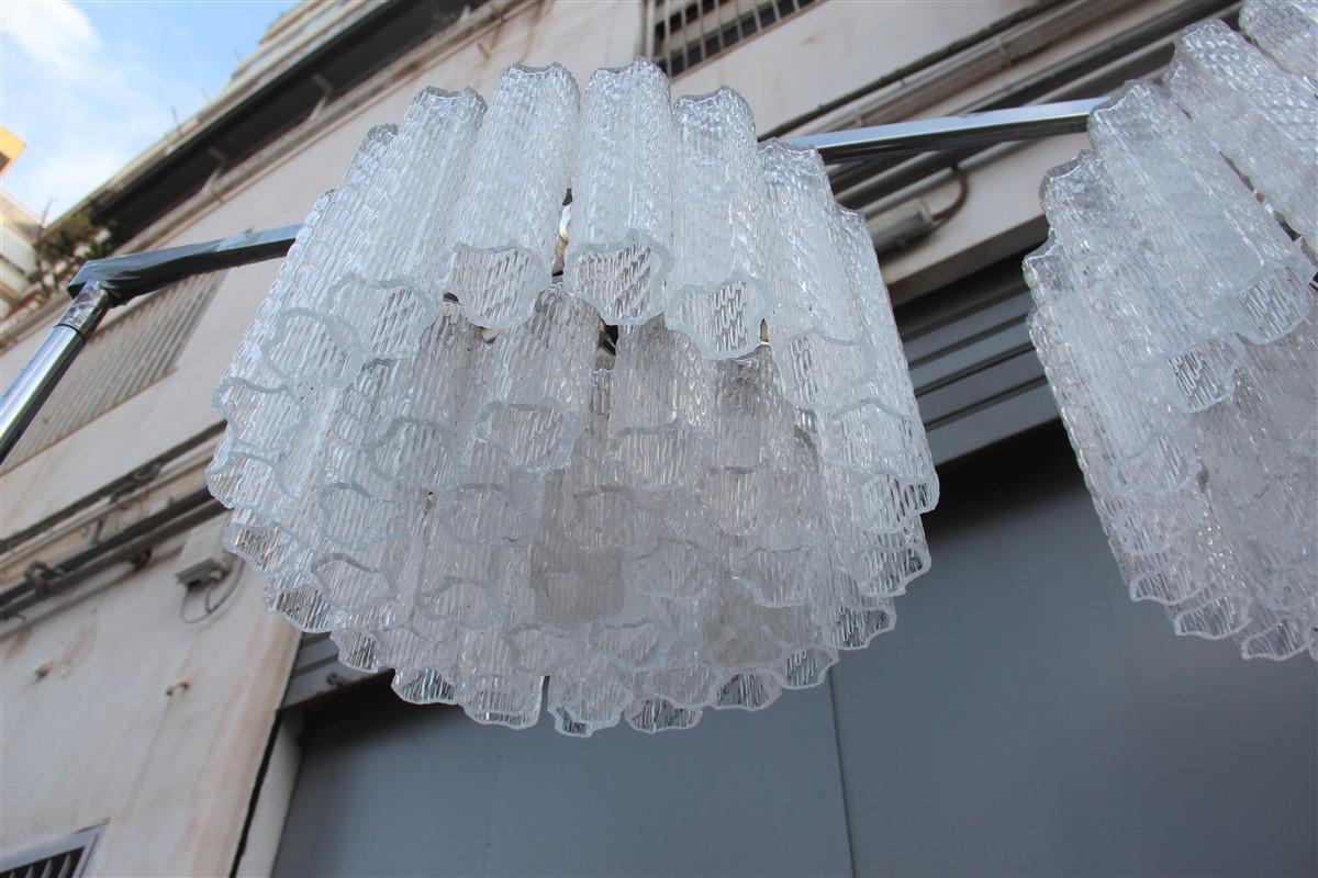 Mid-20th Century Round Pair of Ceiling Lamp Venini Ice Glass 1960 Triangolar Tubes Italian Design For Sale