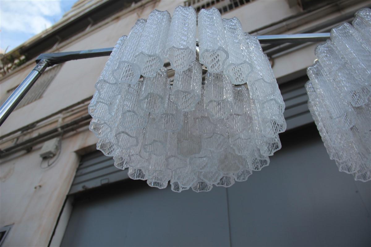 Art Glass Round Pair of Ceiling Lamp Venini Ice Glass 1960 Triangolar Tubes Italian Design For Sale