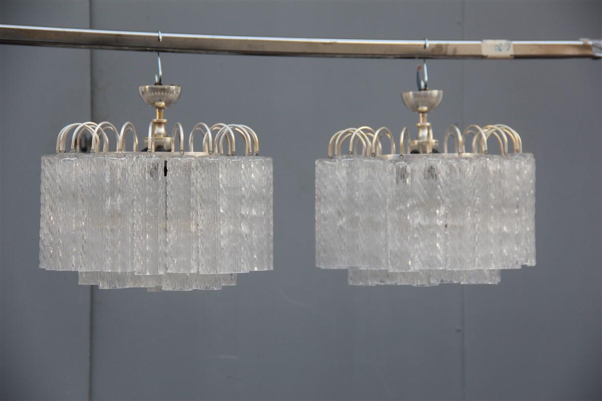 Round Pair of Ceiling Lamp Venini Ice Glass 1960 Triangolar Tubes Italian Design For Sale 1