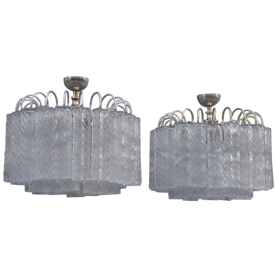 Round Pair of Ceiling Lamp Venini Ice Glass 1960 Triangolar Tubes Italian Design