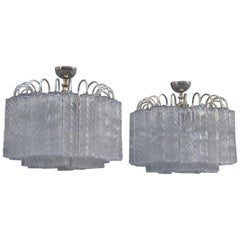 Coppia di lampade da soffitto Venini Ice Glass 1960 Tubi Triangolari Design Italiano