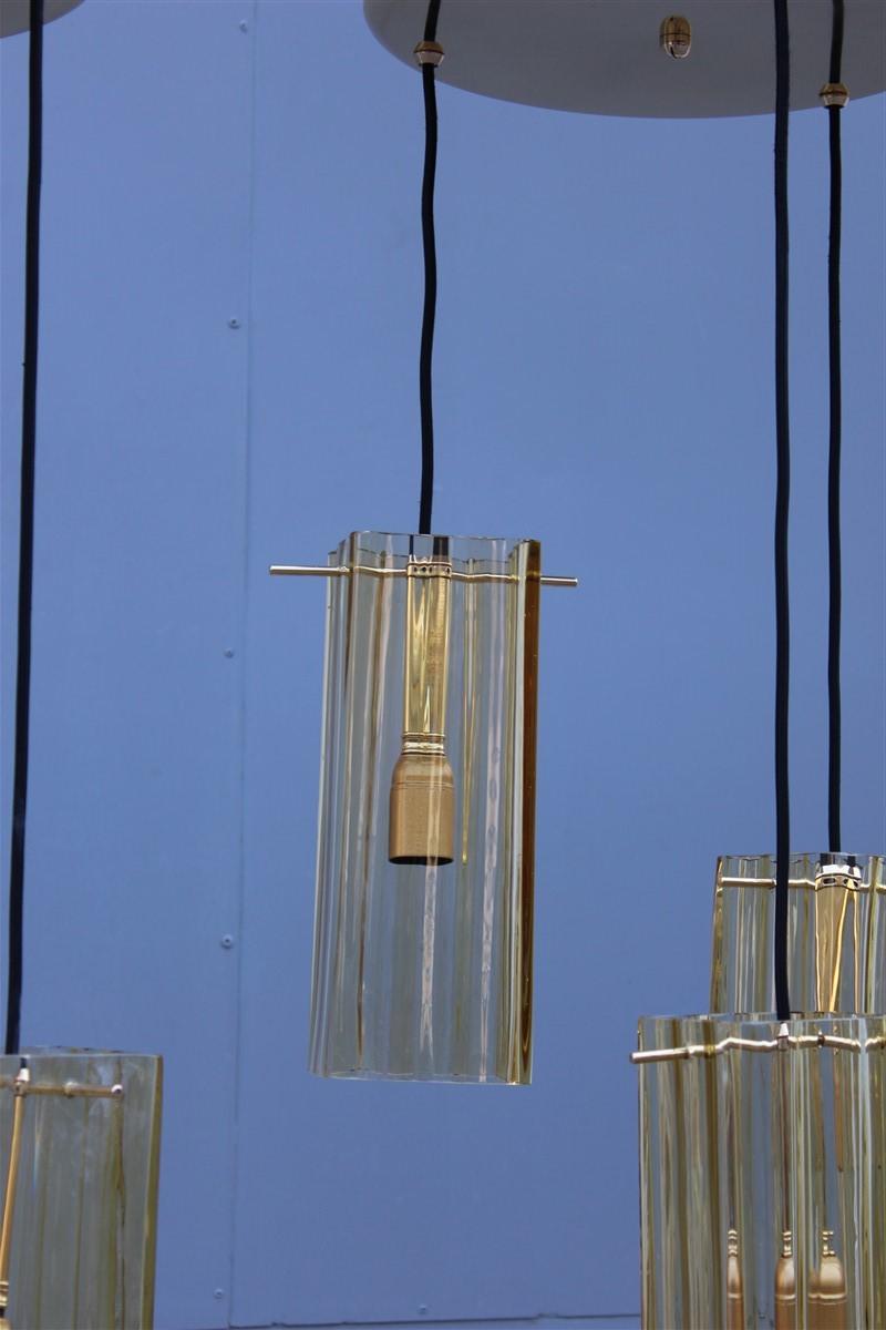 Round pair of chandelier brass Murano gold glass yellow Mazzega design, 1970s.
3 light bulbs E27 Max 100 watt each.