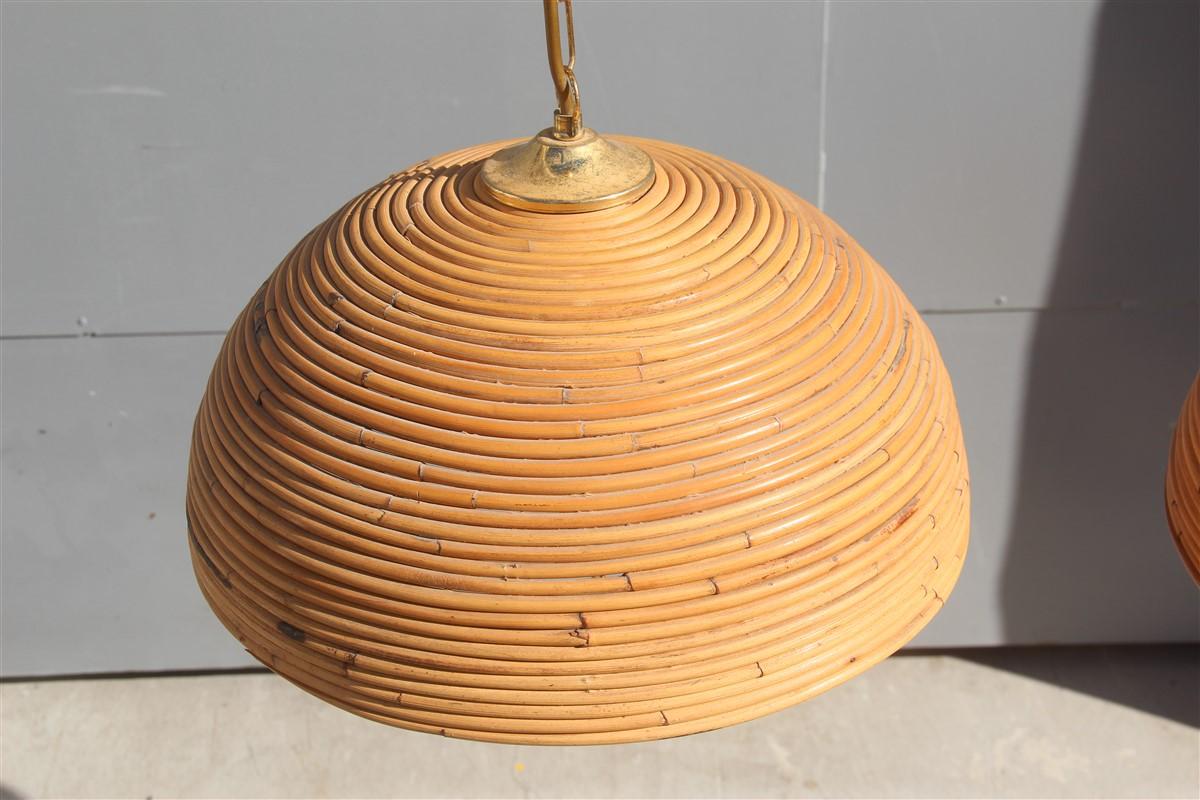 Round Pair of Chandelier Midcentury Bamboo Italian Design 1950s Brass Gold 3