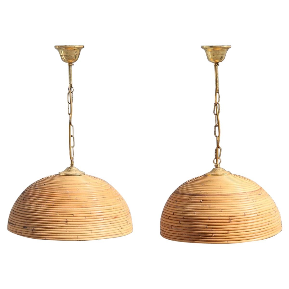 Round Pair of Chandelier Midcentury Bamboo Italian Design 1950s Brass Gold