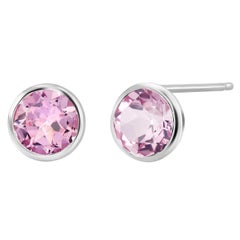 Round Pair of Pink Topaz Bezel Set Silver Stud Earrings Weighing 6 Carat