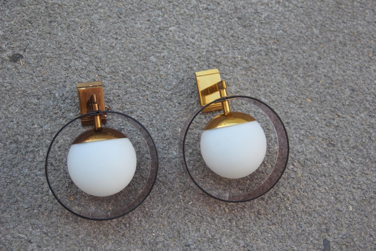 Round Pair of Stilux Wall Sconces Plexiglass Brass Glass Mid-Century Modern For Sale 1