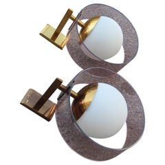 Round Pair of Stilux Wall Sconces Plexiglass Brass Glass Mid-Century Modern