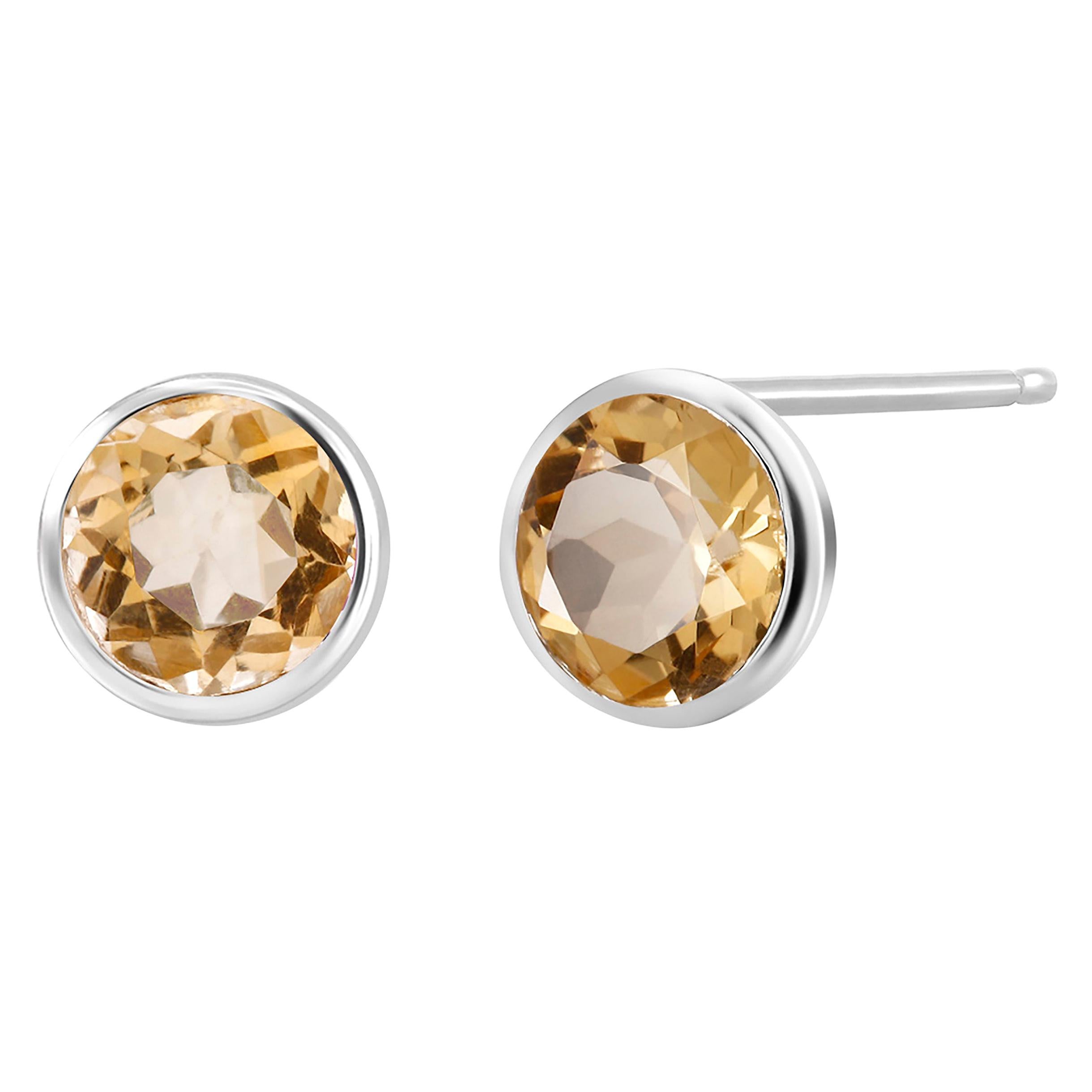Round Pair of Yellow Citrine Bezel Set Silver Stud Earrings Weighing 6 Carat