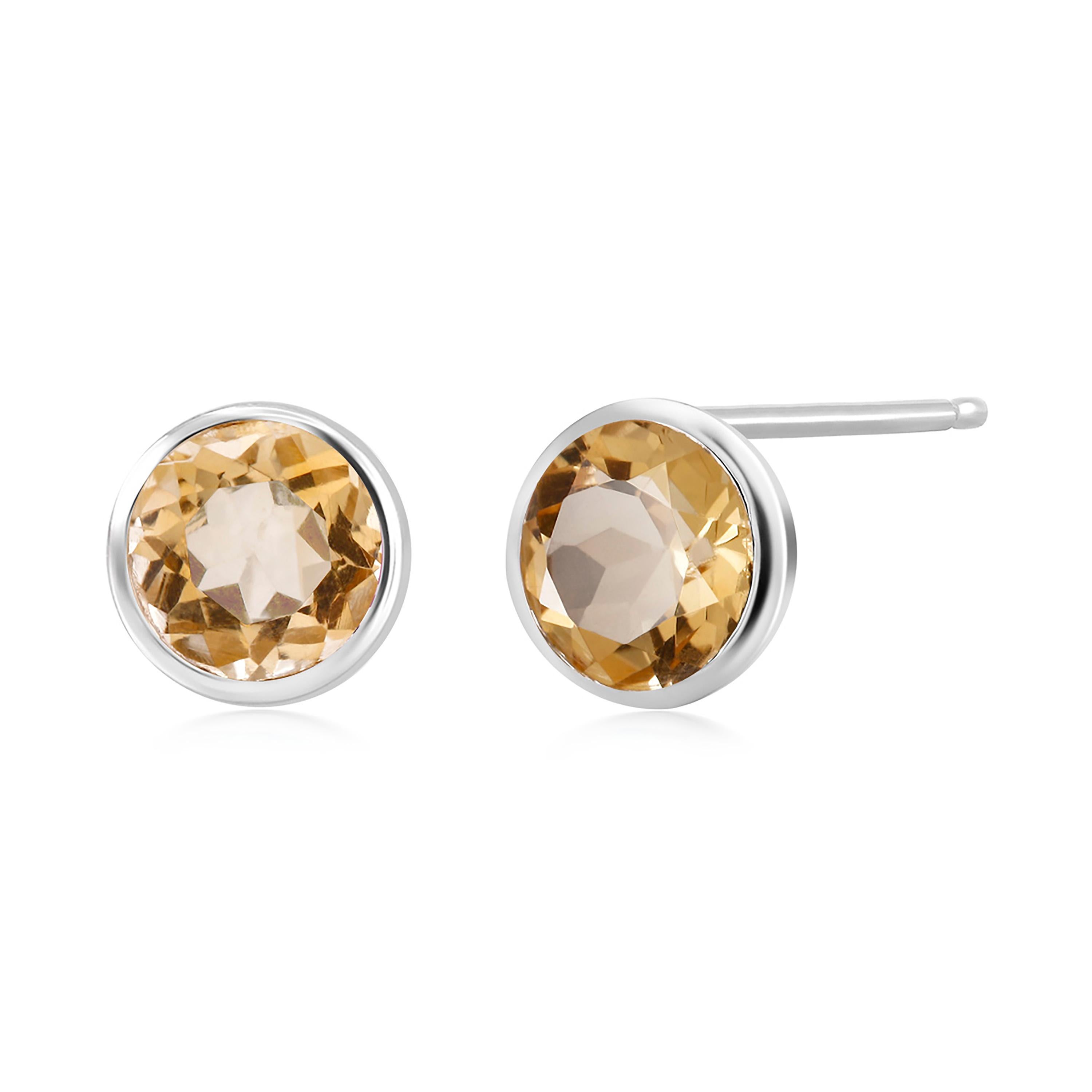 Round Cut Round Pair of Yellow Citrine Bezel Set Silver Stud Earrings Weighing 6 Carat