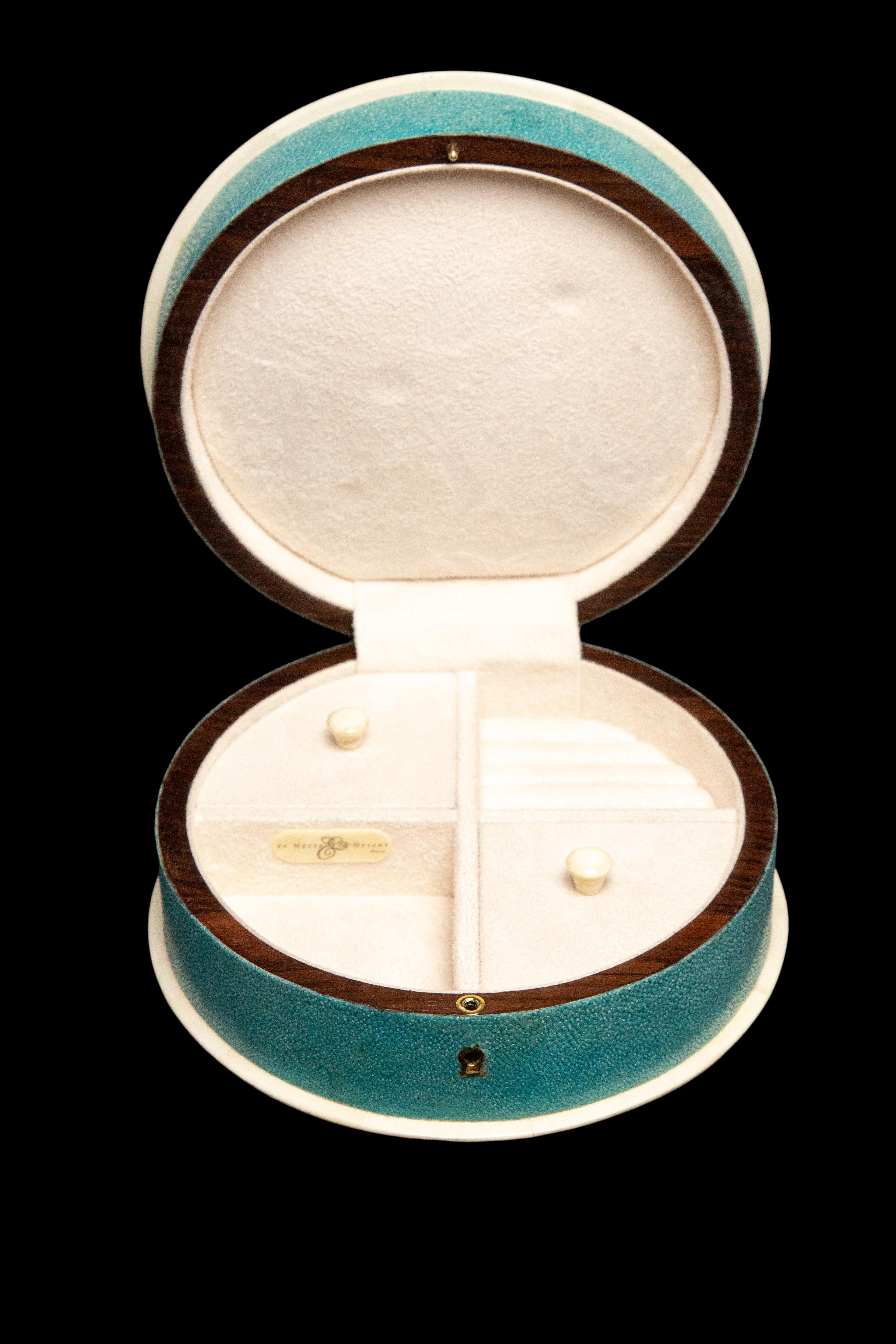 Round Pale Blue Shagreen Jewelry Box In New Condition In New York, NY