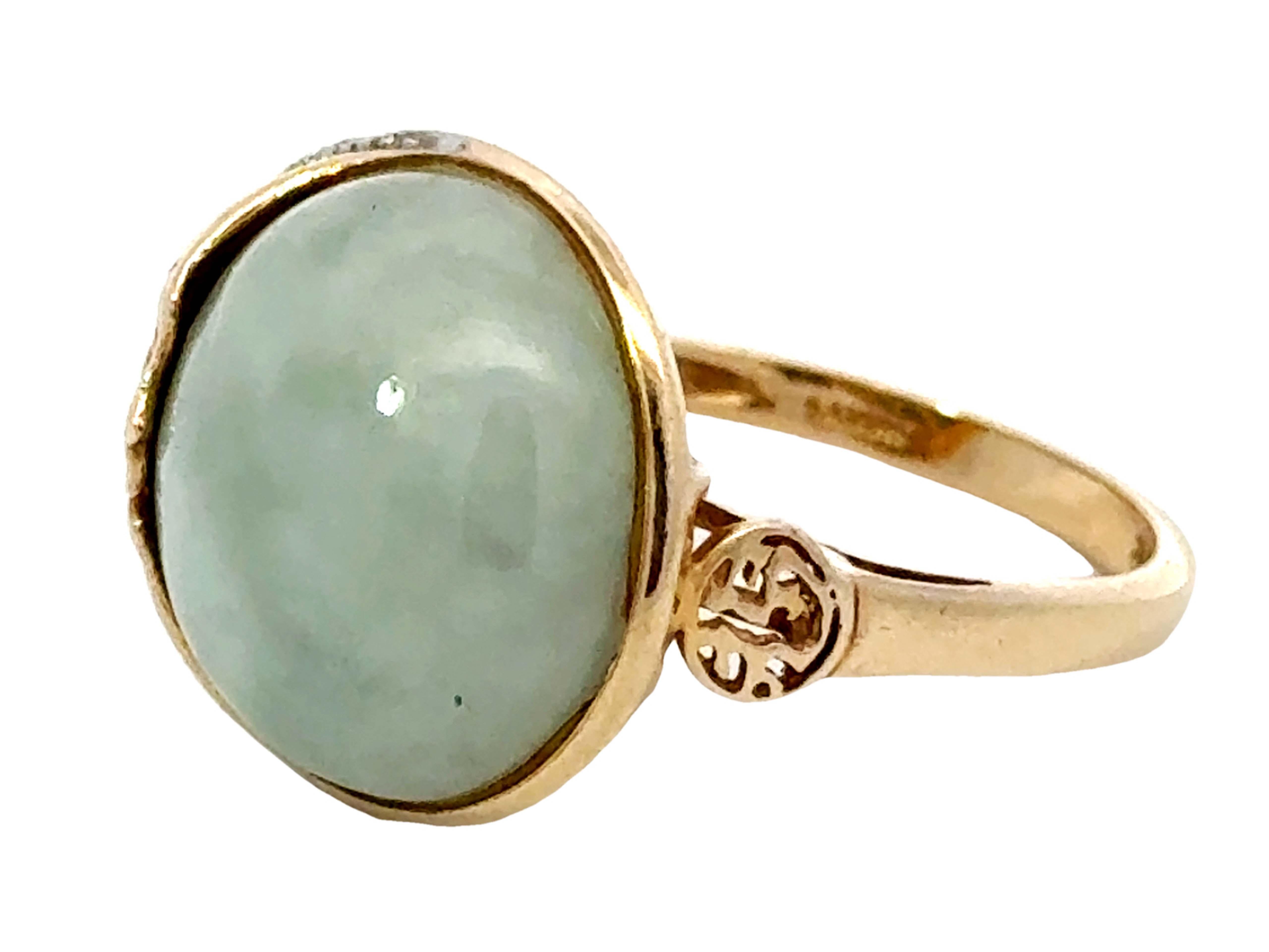 Modern Round Pale Green Jade Cabochon Moon and Diamond Ring 14k Yellow Gold For Sale