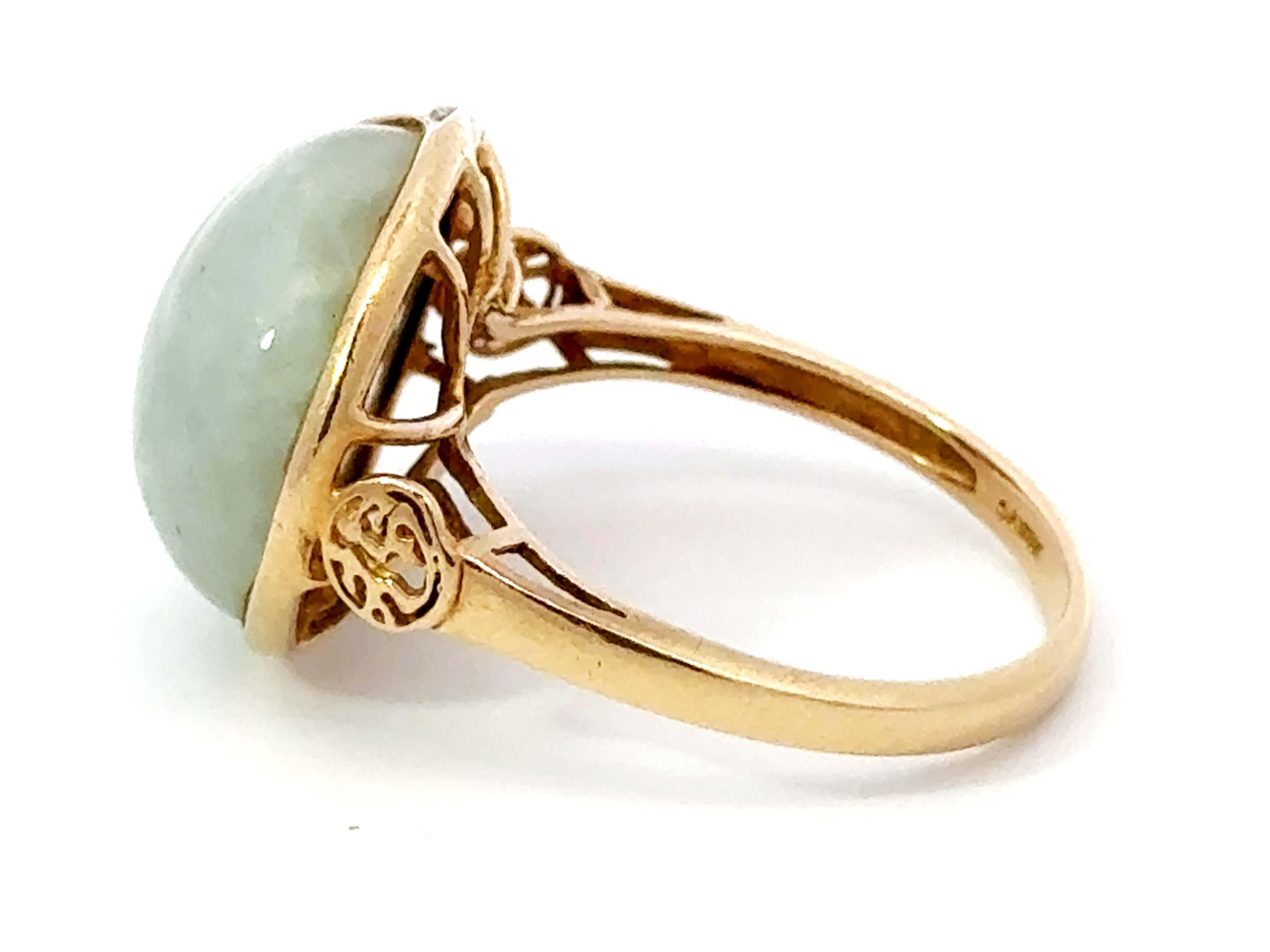 Women's Round Pale Green Jade Cabochon Moon and Diamond Ring 14k Yellow Gold For Sale