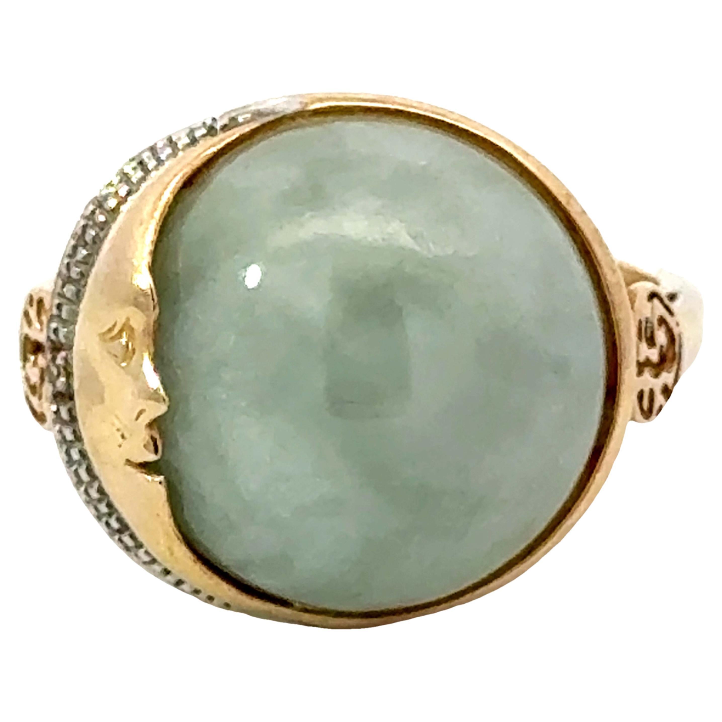 Round Pale Green Jade Cabochon Moon and Diamond Ring 14k Yellow Gold For Sale