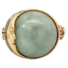 Vintage Round Pale Green Jade Cabochon Moon and Diamond Ring 14k Yellow Gold