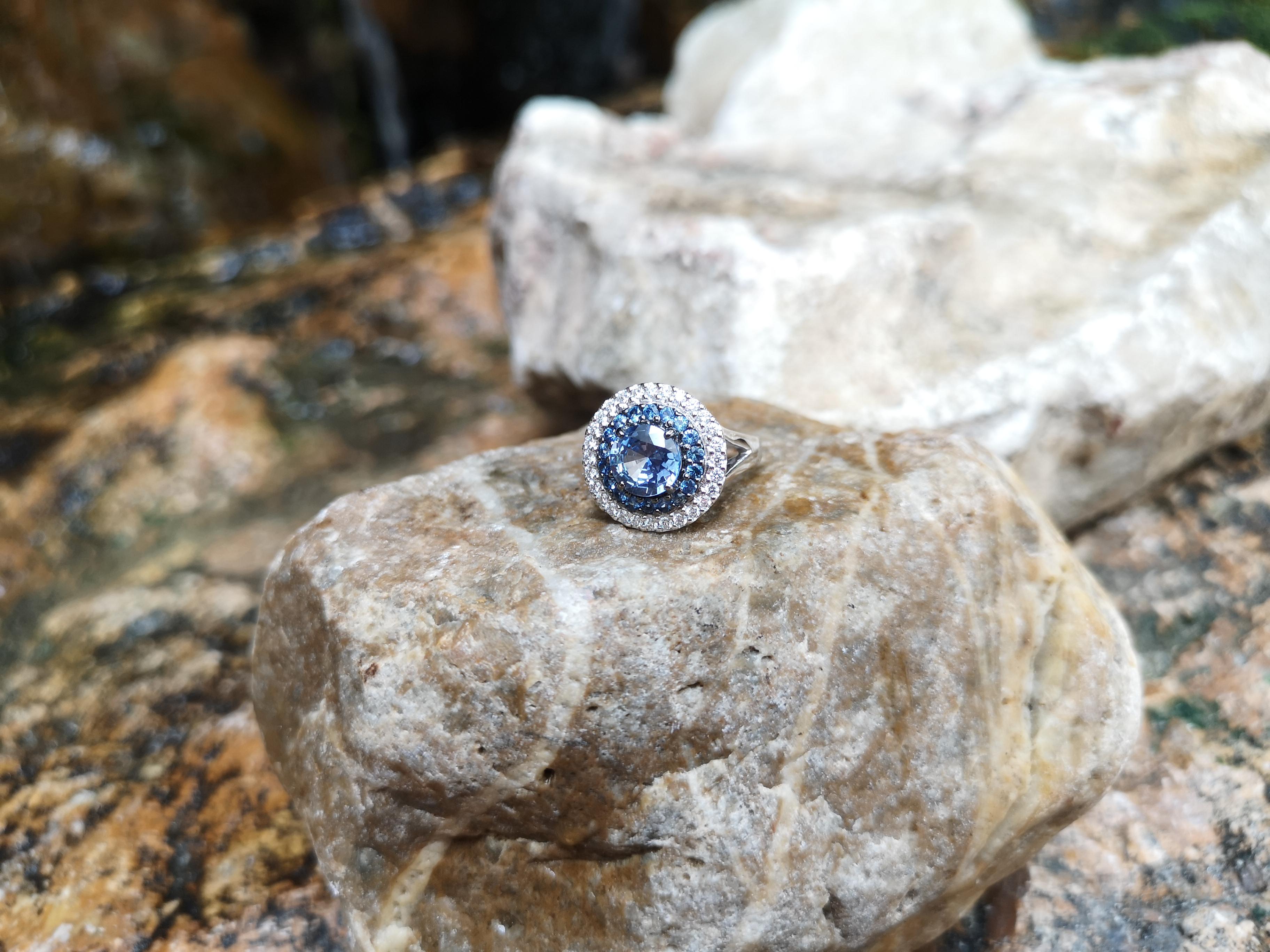 Round Cut Round Pastel Blue Sapphire with Diamond Ring Set in 18 Karat White Gold Settings For Sale