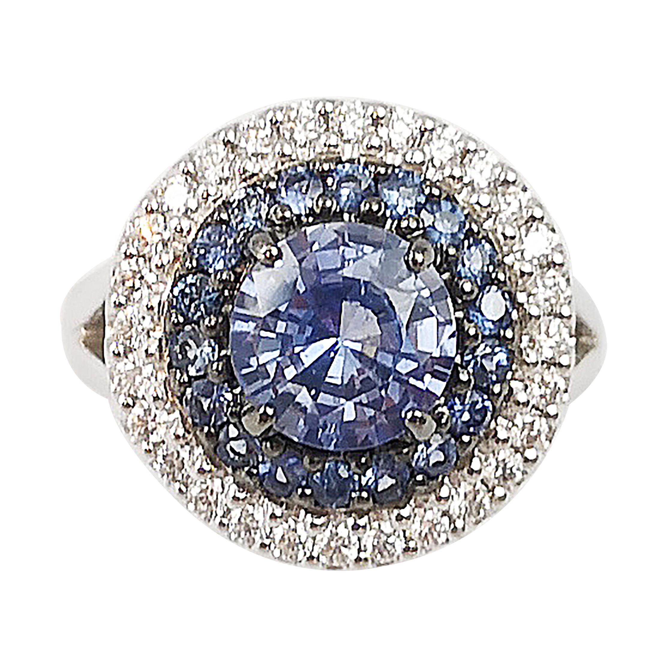 Round Pastel Blue Sapphire with Diamond Ring Set in 18 Karat White Gold Settings For Sale