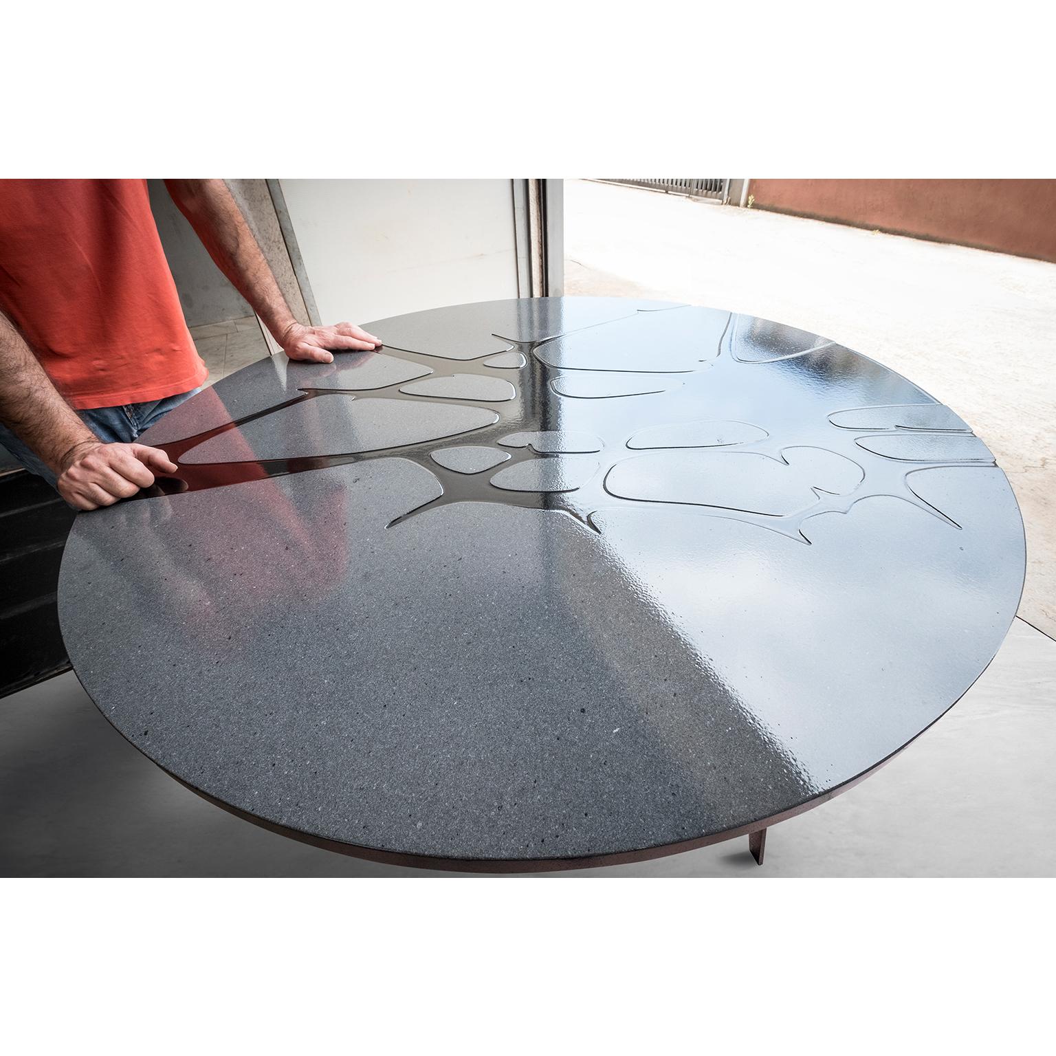 Modern Round Patio Table in Lava Stone and Steel, Filodifumo 1st, Red Enamel For Sale