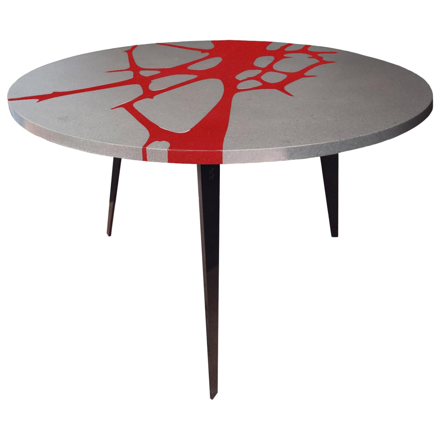 Round Patio Table in Lava Stone and Steel, Filodifumo 1st, Red Enamel For Sale