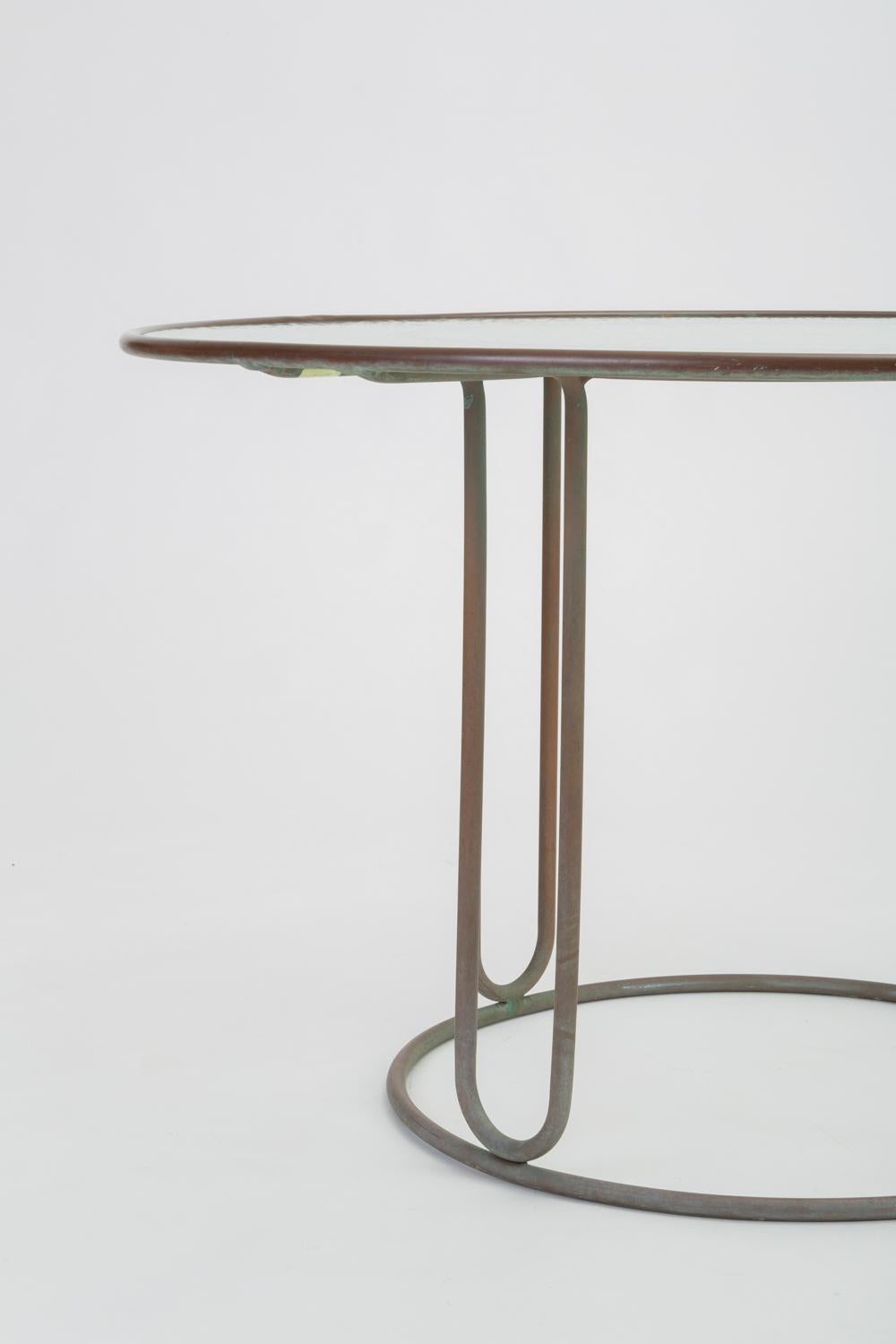 Round Patio Table with Oxidized Bronze Frame by Walter Lamb for Brown Jordan In Excellent Condition In Los Angeles, CA