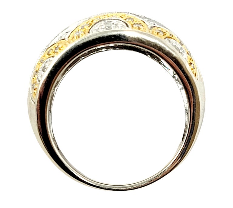 Round Cut Round Pave Diamond 14 Karat Yellow and White Gold Dome Geometric Band Ring For Sale