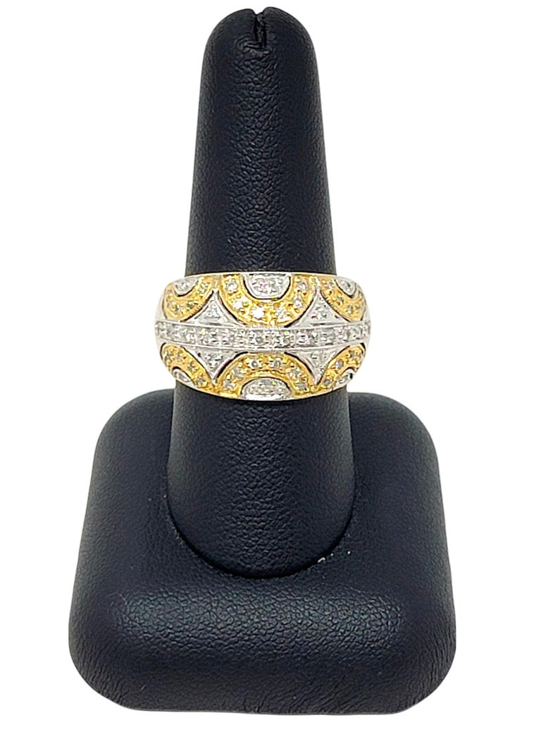 Round Pave Diamond 14 Karat Yellow and White Gold Dome Geometric Band Ring For Sale 1