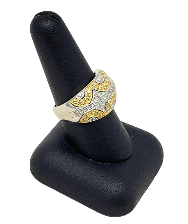 Round Pave Diamond 14 Karat Yellow and White Gold Dome Geometric Band Ring For Sale 2