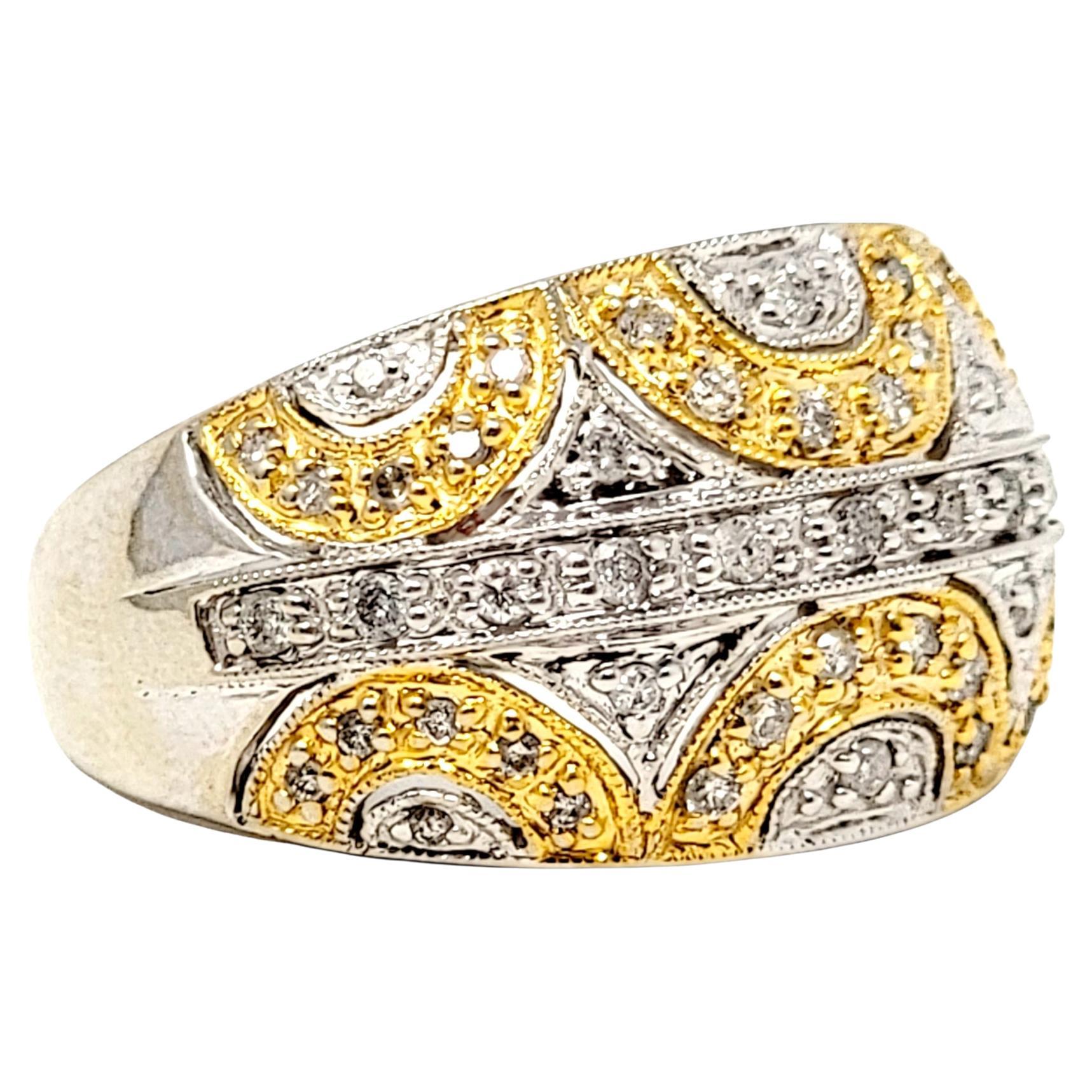 Round Pave Diamond 14 Karat Yellow and White Gold Dome Geometric Band Ring