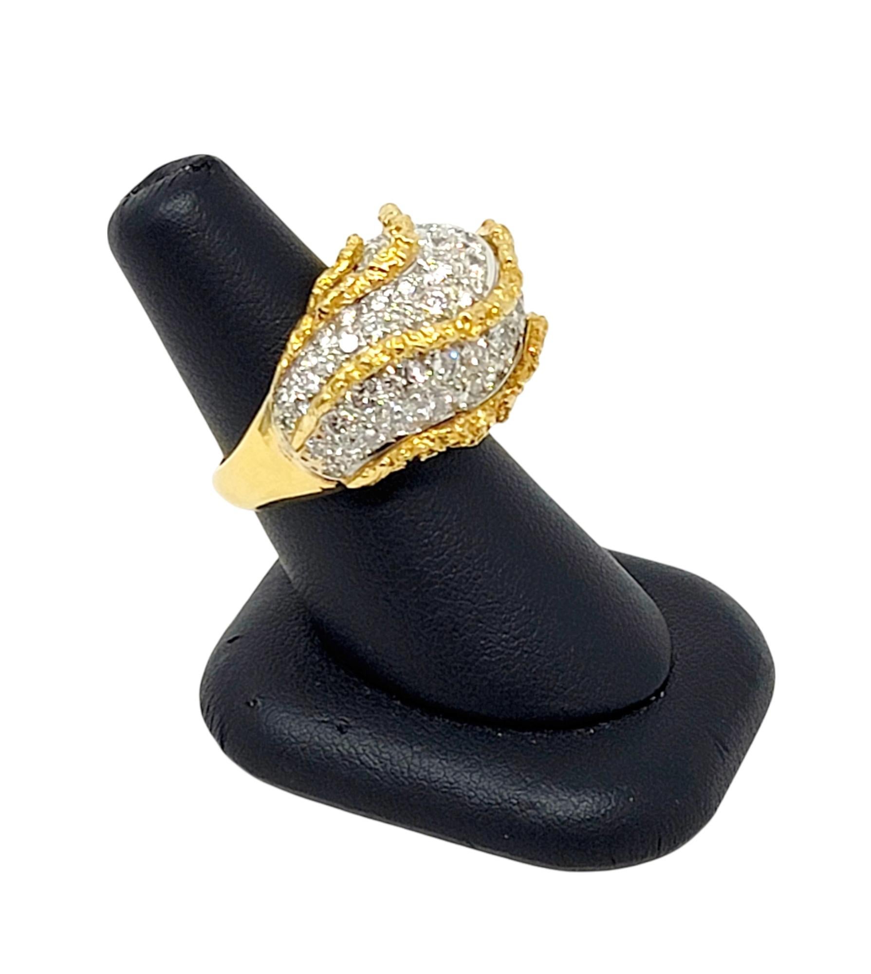 Round Pave Diamond 18 Karat Yellow Gold Raised Chunky Wave Style Dome Ring For Sale 3